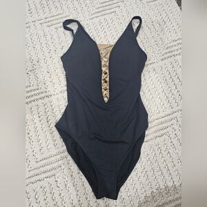 Bleu Rod Beattie Black plunge swimsuit with gold lacing Bathing Suit Size 4